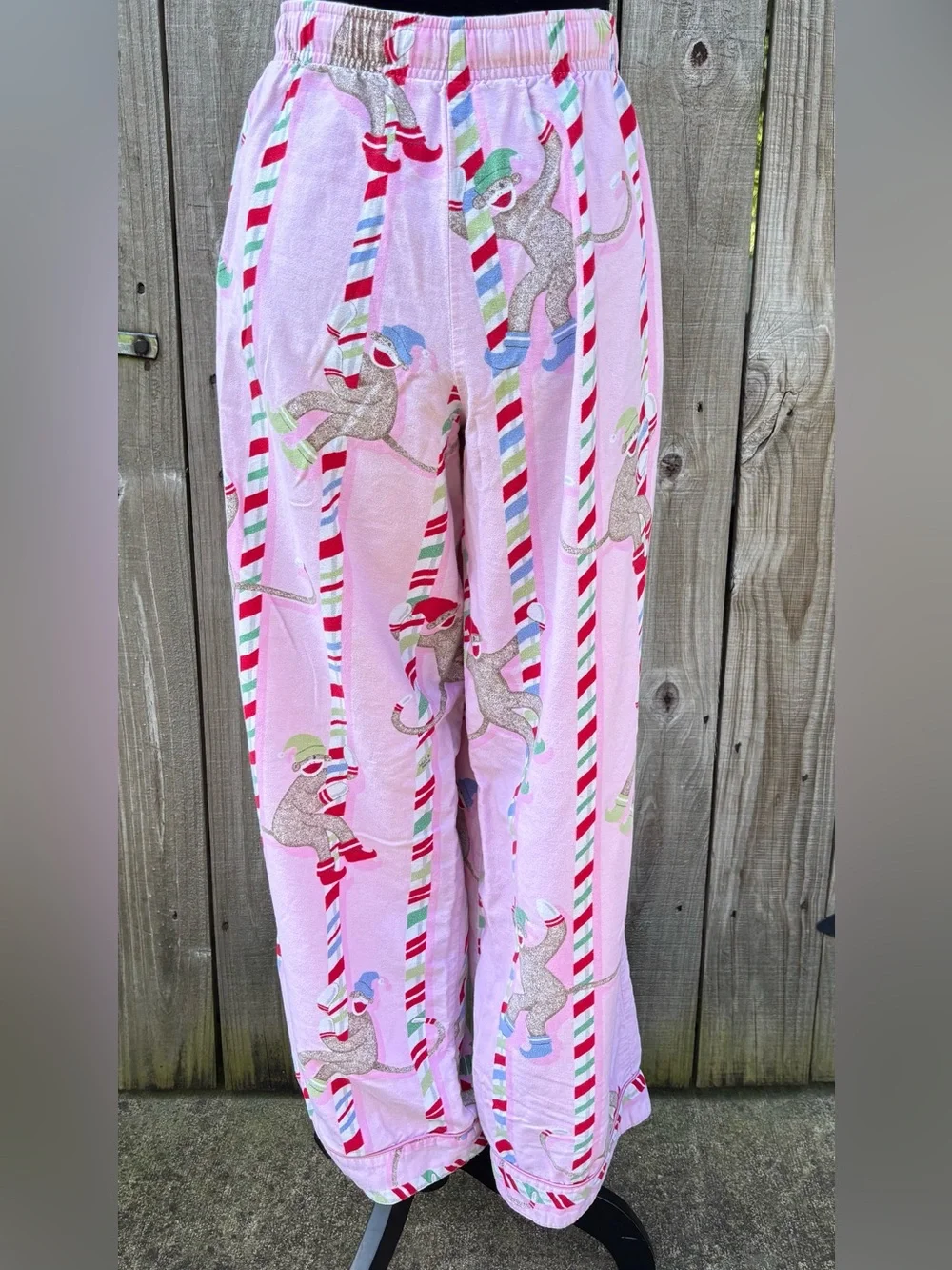 Nick & Nora Holiday Sock Monkey & Candy Cane Pink Drawstring Pajama Pants L
